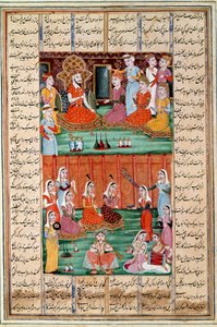 Arte islámico: Matrimonio de las tres hijas de Sero, rey de Yemen. Miniatura persa de un manuscrito del poema épico Shahnameh (Libro de los Reyes) de Ferdowsi (ca. 940-1020) de Islamic School