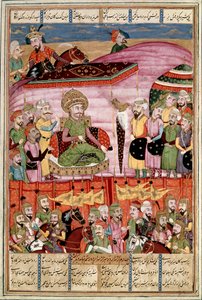 Arte islámico: “Sohrab (Saharab) se encuentra en la tienda de Roustam” Miniatura persa de un manuscrito del poema épico “Shahnameh” (Shah Nama, Shahnama) (Libro de los Reyes) de Ferdowsi (Firdawsi, o Ferdawsi, o Firdousi, ca. 940-1020) (ms. 607) de Islamic School