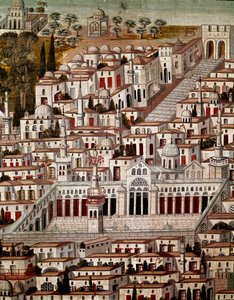 Arte islámico: Vista de Damasco con la Gran Mezquita de los Omeyas de Damasco (705-715). Pintura anónima siria del siglo XVII. Siria, Damasco, Palacio Azem