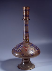 Arte islámico: botella de vidrio esmaltado con cuello largo del Vice Rey Tuquztemur de Islamic School