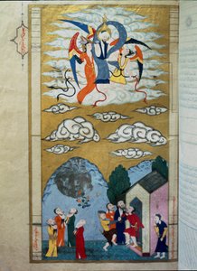 Representación islámica de la Ascensión del Profeta Isa (Isa ibn Marym: Jesús). Miniatura del manuscrito “Zubdat al Tawarikh” (Crema o la Flor Fina de Historias) por el historiador Seyyyid Loqman Ashuri de Islamic School