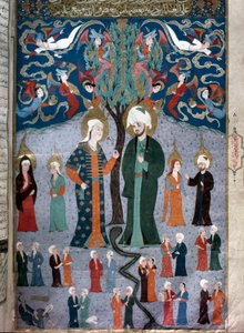 Representación islámica de Adán y Eva. Miniatura del manuscrito "Zubdat al Tawarikh" (Crema de Historias) por el historiador Seyyid Loqman Ashuri 1538. Museo de Arte Turco e Islámico Estambul de Islamic School