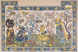 Panel mural de figuras relajándose en un jardín, del Tchehel Sutun o Pabellón de las Cuarenta Columnas construido por Shah Abbas II (1642-66), persa, de Isfahan, Irán de Islamic School