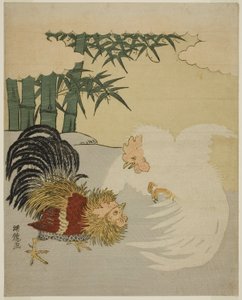Gallos Peleando cerca de un Bosque de Bambú de Isoda Koryusai