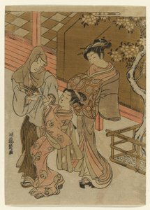 Cortesana observando a su asistente detener a un hombre encapuchado de Isoda Koryusai