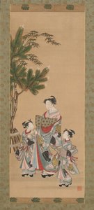 Cortesana y dos asistentes en el día de Año Nuevo de Isoda Koryusai