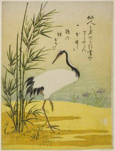 Grulla, bambú e iris de Isoda Koryusai