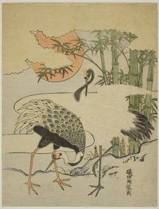 Grullas y bambú de Isoda Koryusai