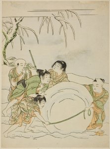 Cinco niños pequeños rodando una gran bola de nieve de Isoda Koryusai