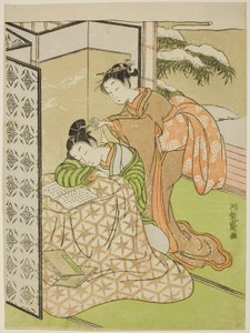 Chica Gastando una Broma a un Joven que Está Durmiendo de Isoda Koryusai