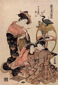 Cortesana japonesa en kimono tomando una taza de té de Isoda Koryusai