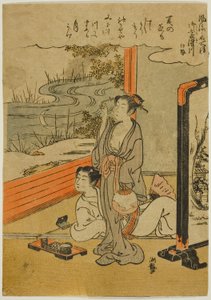 Río Mimosuso en la provincia de Ise (Mimosusogawa, Ise), de la serie "Espejos de lugares famosos de moda (Furyu meisho kagami)"