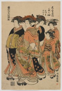 Modelos de moda: nuevos diseños como hojas jóvenes frescas: La cortesana Tagasode de Daimonjiya con Katsuru, Tomeki y asistentes, período Edo, 1778-80 (grabado en madera a color) de Isoda Koryusai