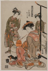 La cortesana Karahama de Yamashiroya realizando la ceremonia del té (de la serie Modelos para modas: Nuevos diseños tan frescos como hojas jóvenes) de Isoda Koryusai