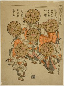 El baile del sombrero floreado (Hanagasa odori), de la serie "Actuaciones cómicas del Festival Niwaka en los Barrios de Placer" de Isoda Koryusai