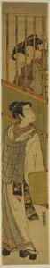 Dos mujeres jóvenes mirando a un joven vestido de Komuso de Isoda Koryusai