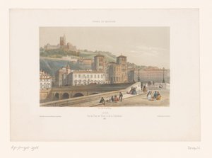 Vista del Pont Tilsitt y la Catedral de Saint-Jean en Lyon Lyon. Vue du Pont de Tilsitt et de la Cathédrale (título sobre el objeto) Caritas en Francia (título de la serie) Francia en miniatura (título de la serie sobre el objeto) de Isodore Laurent Deroy