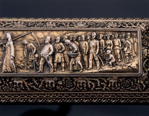 (detalle) de un esqueleto humano en miniatura y sarcófago de Israel Rouchomovsky