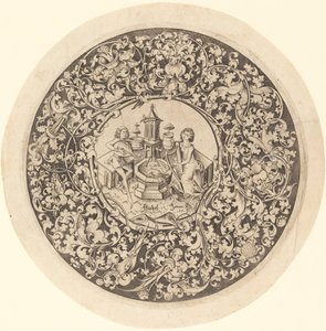 Ornamento circular con músicos tocando cerca de un pozo de Israhel van Meckenem