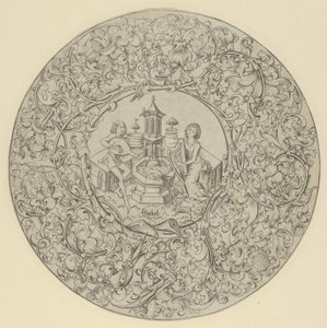 Jardín del amor, dentro de un gran marco circular ornamentado de Israhel van Meckenem