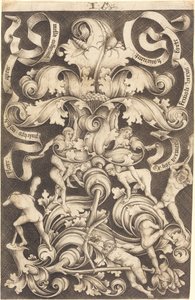 Ornamento con flor y ocho personas salvajes de Israhel van Meckenem