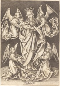 La Madonna y el Niño en la Media Luna Sostenidos por Cuatro Ángeles