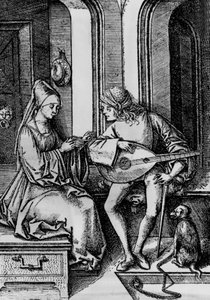 Una mujer cantando mientras un hombre toca un laúd de Israhel van the younger Meckenem
