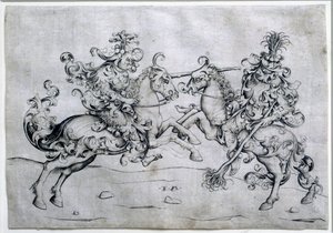 Dos jinetes jugando. Juego de dos hombres a caballo. Dibujo de Israel Van Meckenem (ca. 1440-1503). Museo del Louvre de Israhel van the younger Meckenem