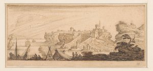 Vista de la costa con una carpa abierta y pescadores
Diseños para una serie de impresiones con paisajes costeros (título de la serie)