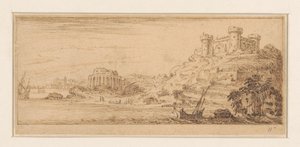 Vista de la costa con un patrón en un velero a la derecha
Diseños para una serie de impresiones con paisajes costeros (título de la serie) de Israël Silvestre