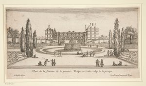 Vista del Chateau Liencourt: un patio con una fuente de Israël Silvestre