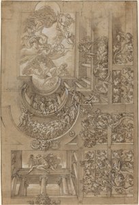 Techo ilusorio con una parra, figuras en galerías y una escena central de dioses olímpicos de Italian 16th Century