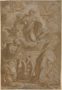 Santa Bárbara en Gloria con los Santos Nicolás y Jerónimo de Italian 16th Century