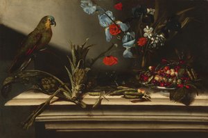 Naturaleza muerta con alcachofas y un loro