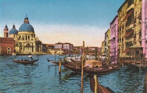 Venecia/Venecia: Gran Canal con la iglesia de la Salute y el transbordador de San Marcos (foto coloreada) de Italian Photographer