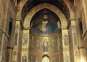 (TtoB) Cristo Pantocrátor; Virgen y Niño con ángeles y apóstoles, del ábside principal, siglos XII-XIII