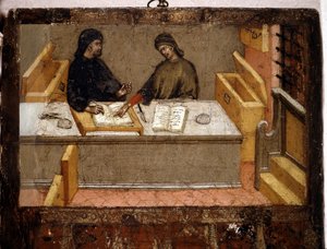 Un camarlengo y un recaudador de impuestos en la oficina, Biccherna (cubierta del registro contable de la ciudad de Siena) de 1394. Archivo Nacional - Museo delle Tavolette de Bicherna, Siena.