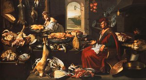Un cocinero en una cocina bien surtida con una sirvienta de Italian School