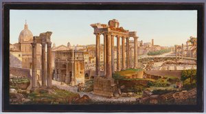 Una mesa de micro-mosaico romano con figuras ante los Templos de Cástor y Pólux en el Foro Romano de Italian School