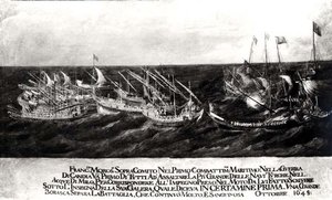 Una Batalla Naval entre la Flota Veneciana bajo el General Francesco Morosini (1618-94) contra los Turcos frente a la Costa de Creta, Octubre 1645 de Italian School