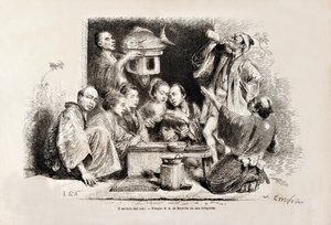 Una pequeña fiesta bebiendo sake, de la edición italiana de Tour du Monde, 1869