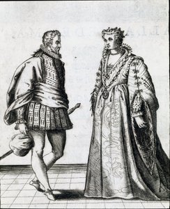 Una pareja de la nobleza italiana. Grabado de Il ballarino sobre la danza del maestro de baile Fabritio Caroso (1527/1535-1605/1620) 1581. Civico Museo Biblioteca Musicale, Bolonia de Italian School