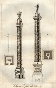 Diagrama de sección transversal de la Columna de Trajano (Columna Trajana) (113 CE) y la Columna de Antonino Pío (161 CE) en Roma - grabado de "Usi e Costumi di Tutti i Popoli dell