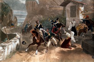 Una pelea entre bandidos y los carabineros del papa (dragones) en Cerdeña, Italia de Italian School