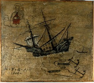 Un galeón lanza anclas y dos cañones para desatarse durante una tormenta. Exvoto de 1610 de la Iglesia de la Madonna dell
