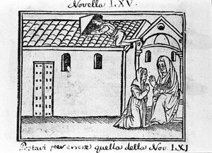 Un marido celoso se disfraza de sacerdote para recoger la confesión de su esposa adúltera. Ilustración para la noticia 65 (Noticia 5 del séptimo día) del “Decamerón” de Giovanni Boccaccio (1313-1375), escritor italiano. Grabado en de Italian School
