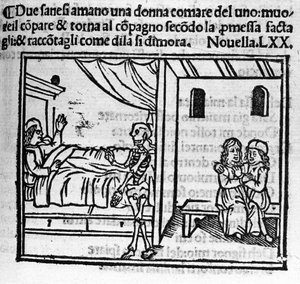 Un hombre enamorado de la esposa de su amigo lo reemplaza en el hogar matrimonial cuando él muere. Ilustración para la noticia 70 (Noticia 10 del sexto día) del “Decamerón” de Giovanni Boccaccio (1313-1375). Grabado en “Decamerone ouer Cento nouelle” Venec