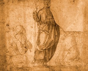 Un santo con dos mujeres arrodilladas (tiza roja sobre papel) de Italian School