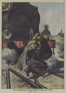 Una tragedia de amor fraternal: una niña muere atropellada por un tren cuando salva a su hermano pequeño (litografía en color) de Italian School