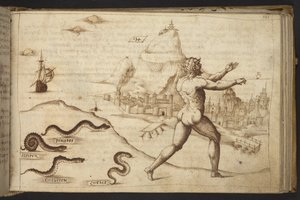 Agregar. 82955, f.133   Serpientes persiguiendo una figura humana.  , de Historia Animalium, (que consta de 245 dibujos a pluma y tinta de diferentes especies de animales y criaturas míticas, cada uno acompañado de una descripción).    1595